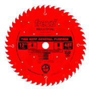 Red circular saw blade with 48 teeth, 12" diameter, 1" arbor hole, and silver tooth tips on red body.
