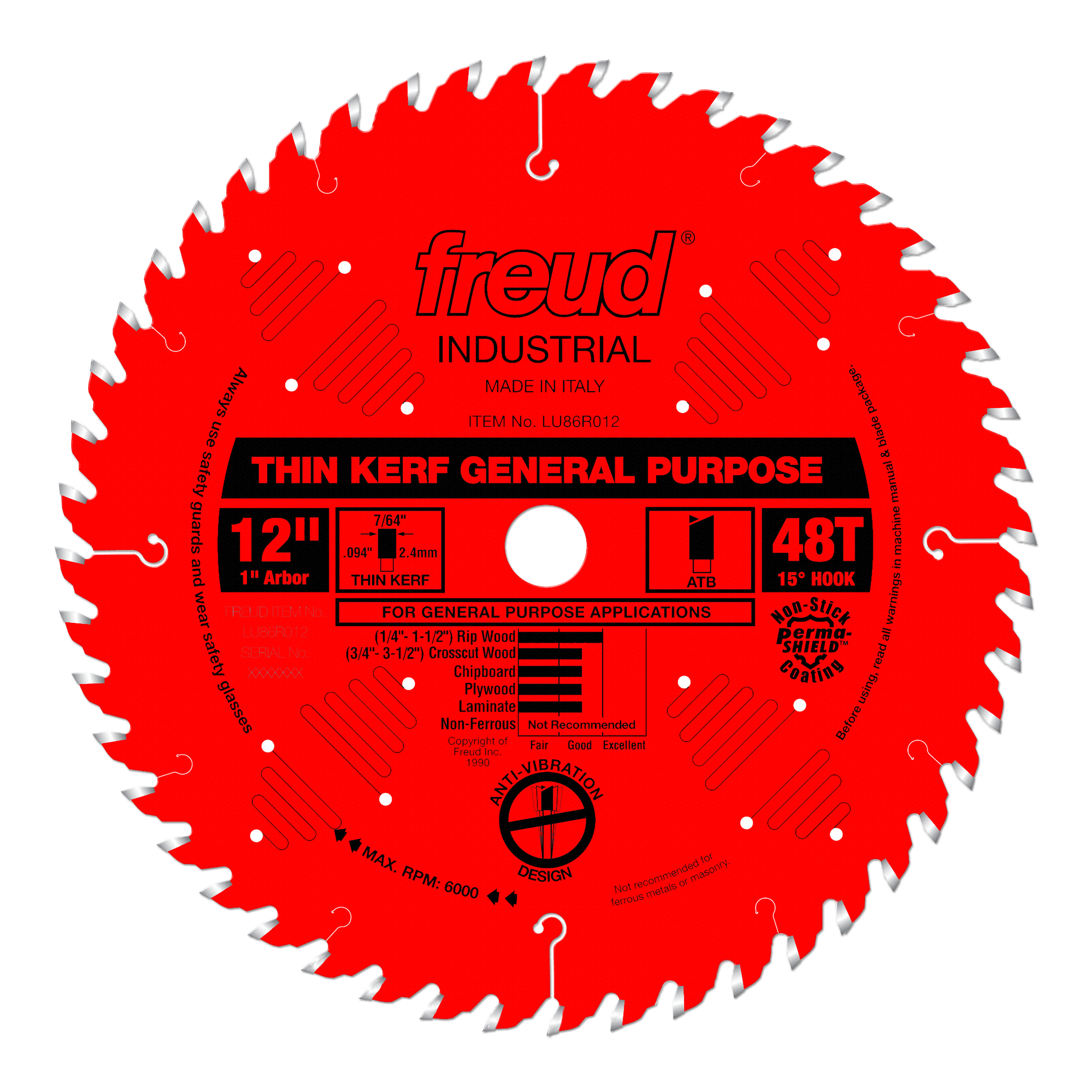 Red circular saw blade with 48 teeth, 12" diameter, 1" arbor hole, and silver tooth tips on red body.