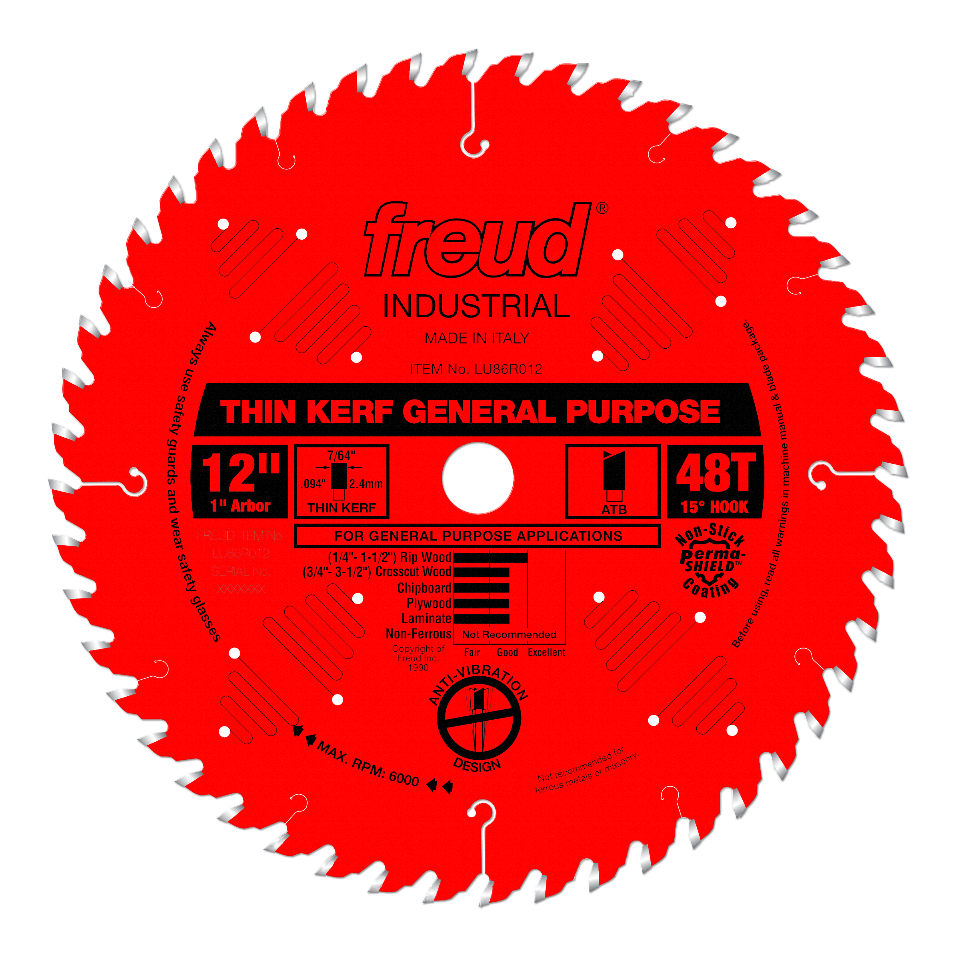 Red circular saw blade with 48 teeth, 12" diameter, 1" arbor hole, and silver tooth tips on red body.