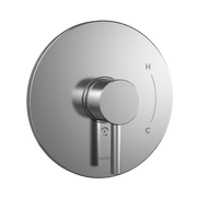 Polished chrome round shower valve trim with single lever handle and pressure balance control mechanism.