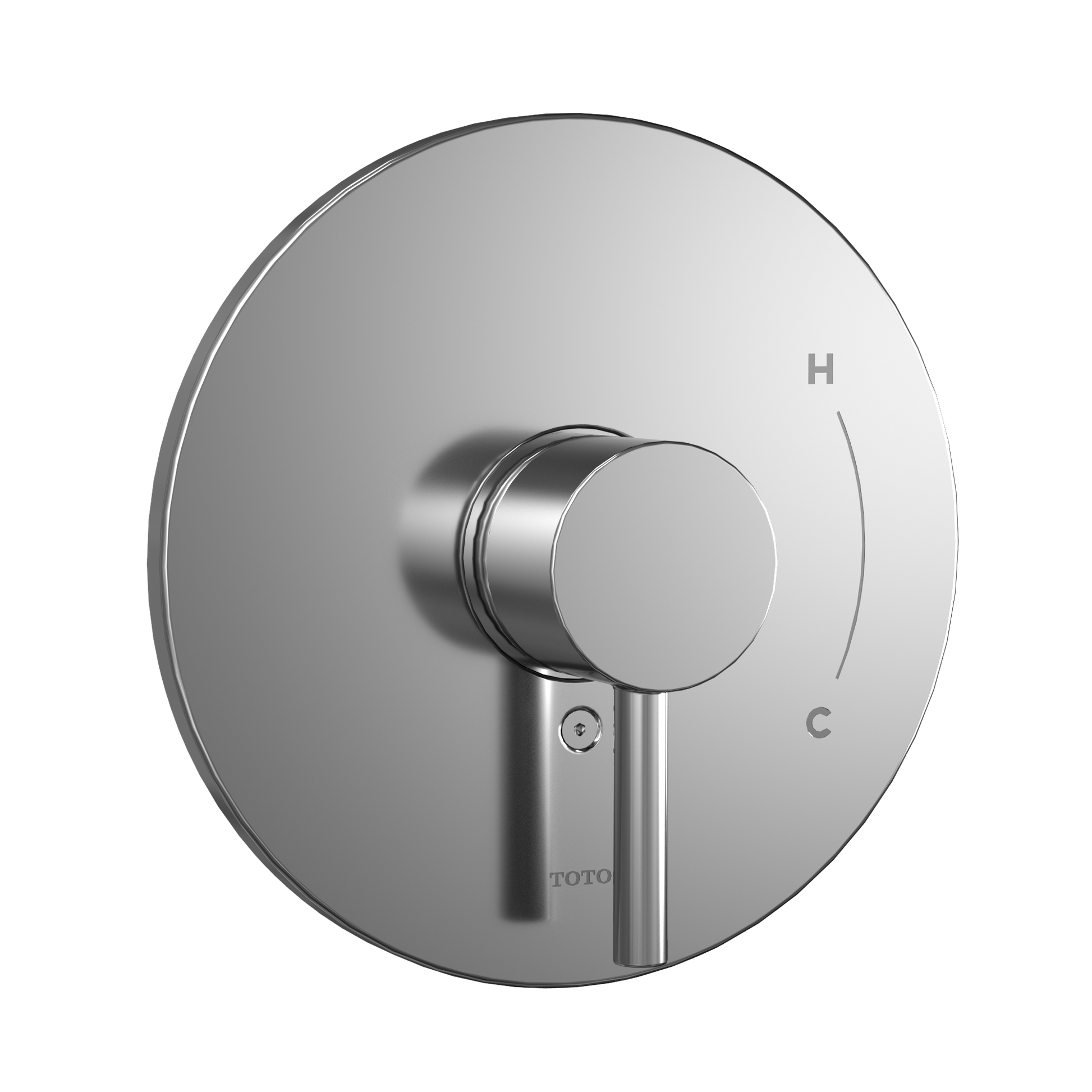 Polished chrome round shower valve trim with single lever handle and pressure balance control mechanism.