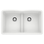 White double bowl undermount sink with equal-sized compartments and low divider, viewed from above.