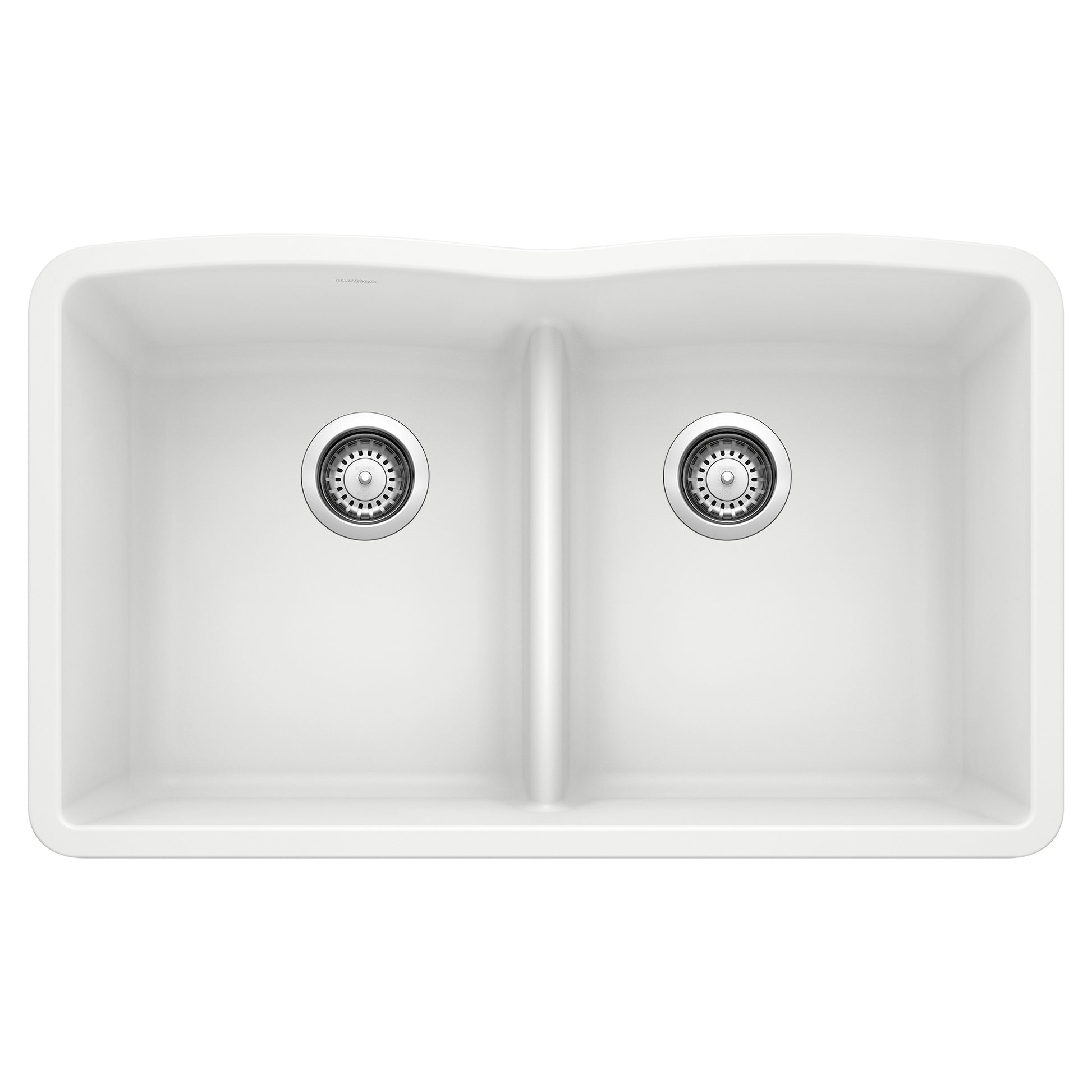 White double bowl undermount sink with equal-sized compartments and low divider, viewed from above.