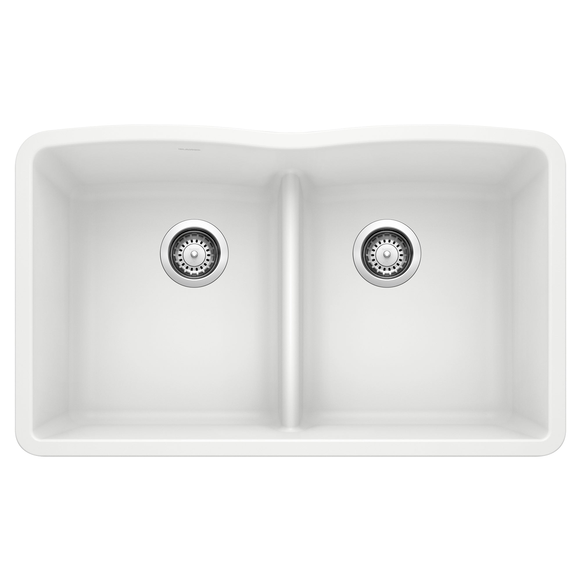 White double bowl undermount sink with equal-sized compartments and low divider, viewed from above.