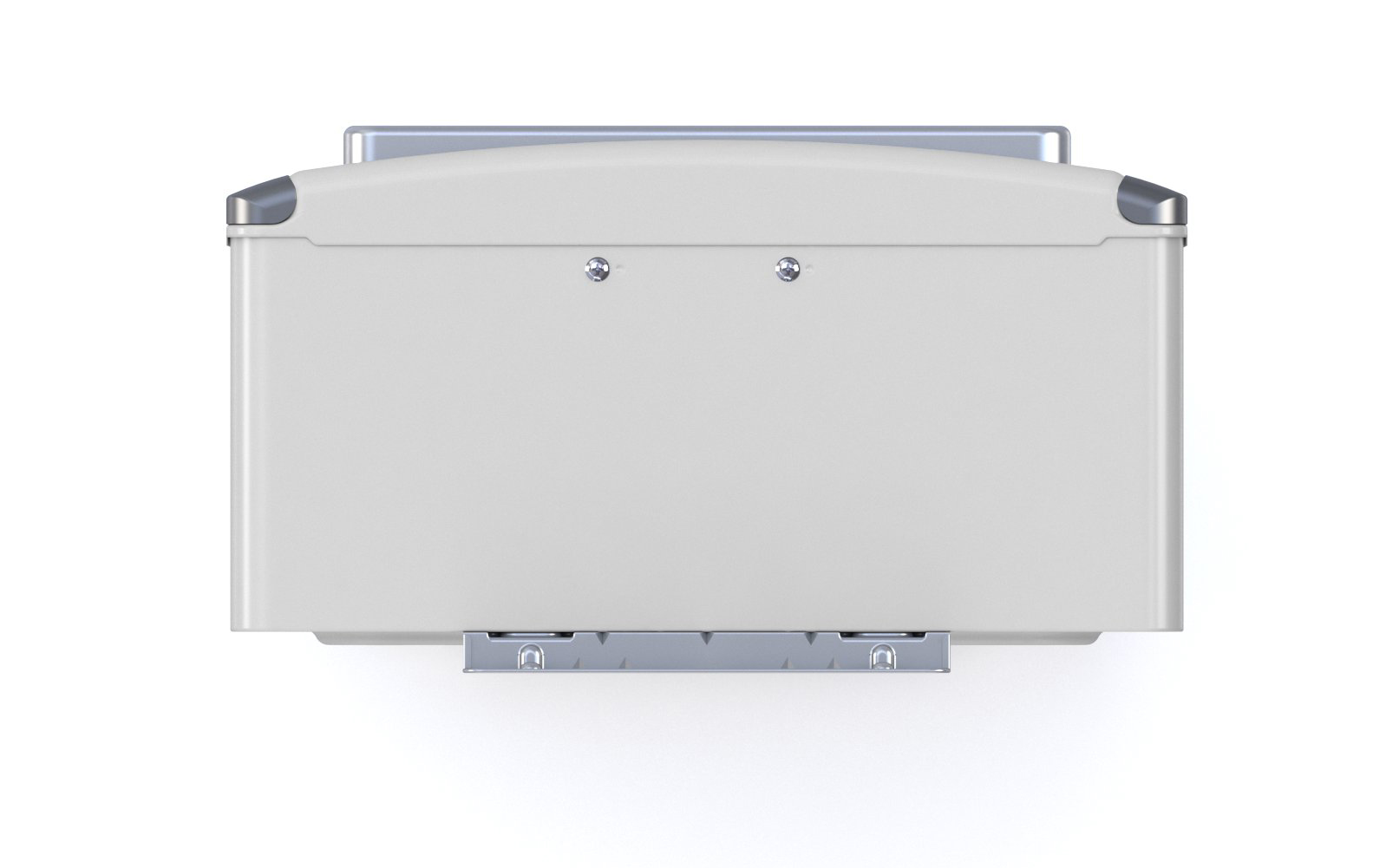Silver rectangular tankless water heater unit with handle and metal corner brackets, shown from front view.