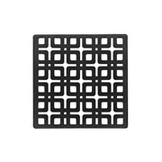 Matte black square drain cover with geometric grid pattern and center opening.