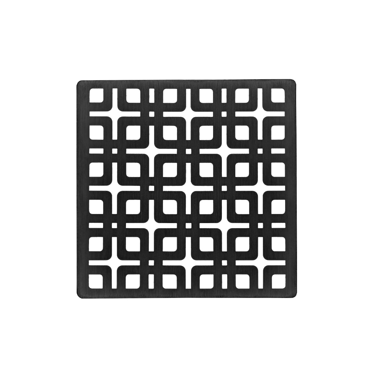 Matte black square drain cover with geometric grid pattern and center opening.