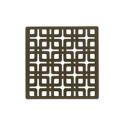 Square oil rubbed bronze drain cover with geometric cutout pattern and center drain opening.