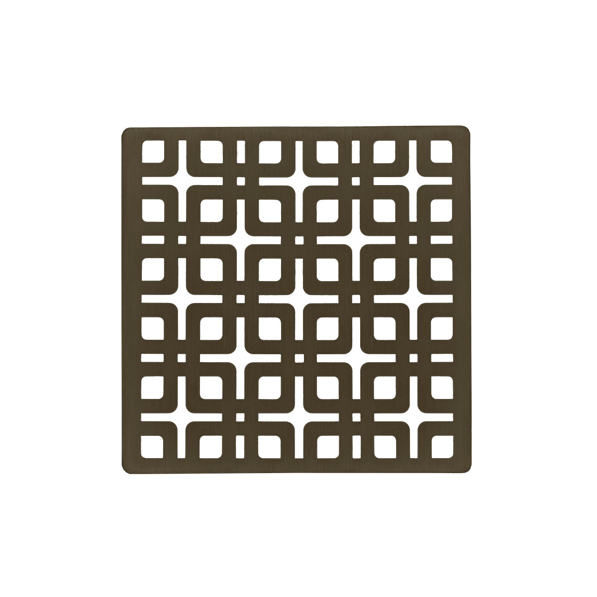 Square oil rubbed bronze drain cover with geometric cutout pattern and center drain opening.