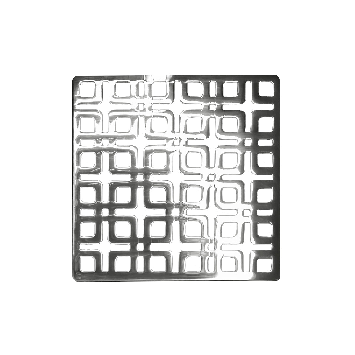 Square polished stainless steel drain cover with geometric grid pattern and center drain opening.