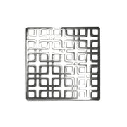 Square polished stainless steel drain cover with geometric grid pattern and center drain opening.