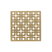 Square satin bronze decorative drain cover with geometric grid cutout pattern, 4" x 4" size.