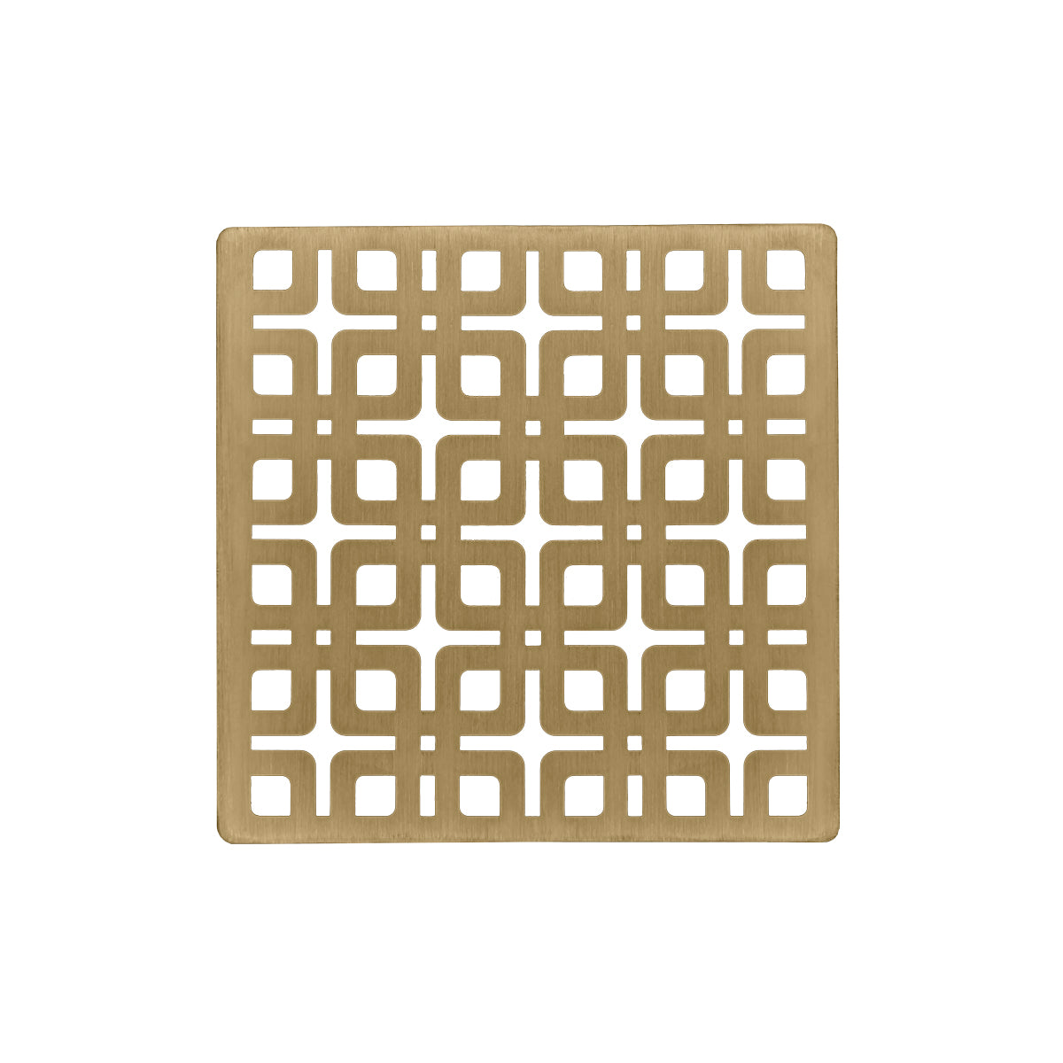 Square satin bronze decorative drain cover with geometric grid cutout pattern, 4" x 4" size.