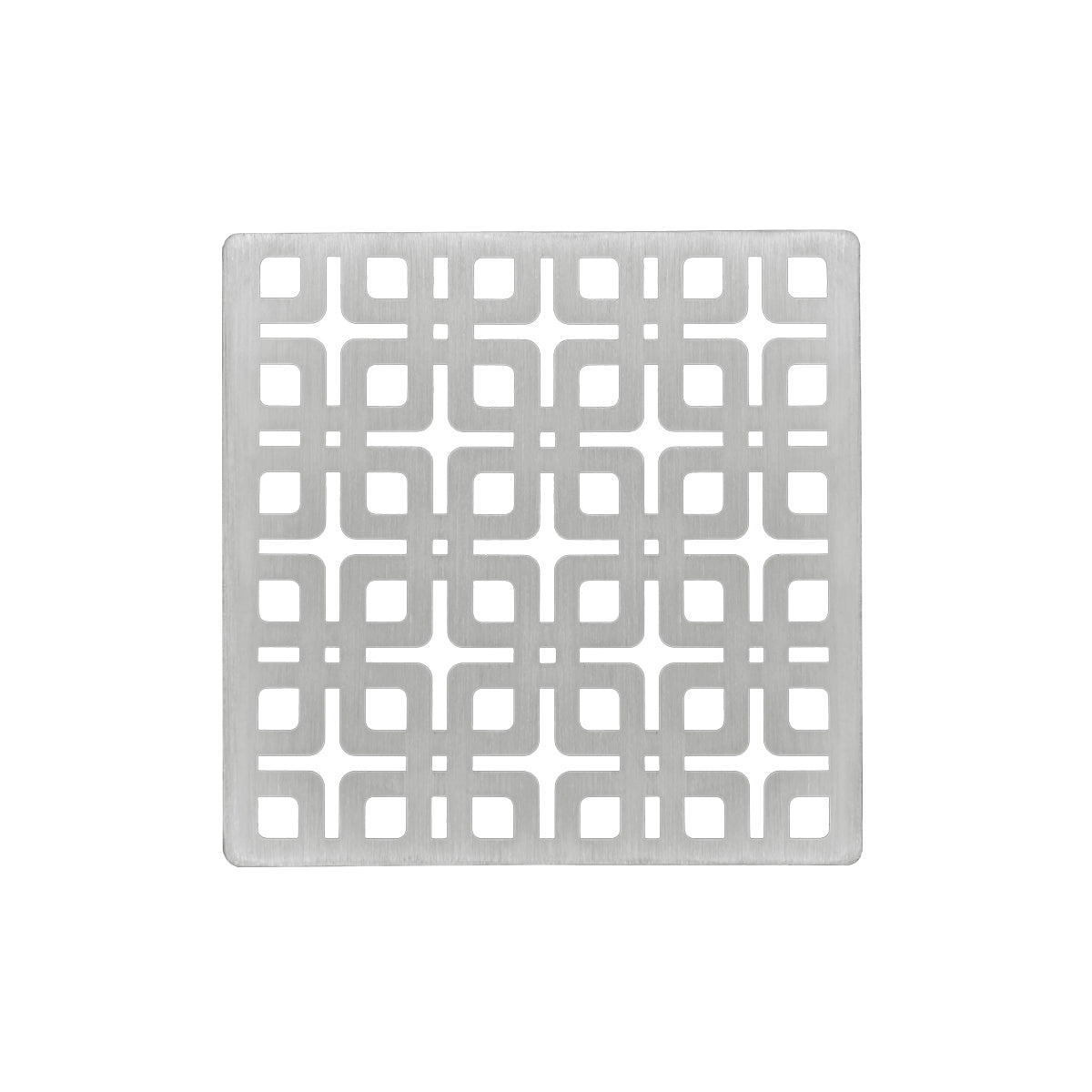 Square satin stainless steel drain cover with geometric grid pattern and center drain opening.