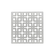 Square satin stainless steel drain cover with geometric grid pattern and center drain opening.