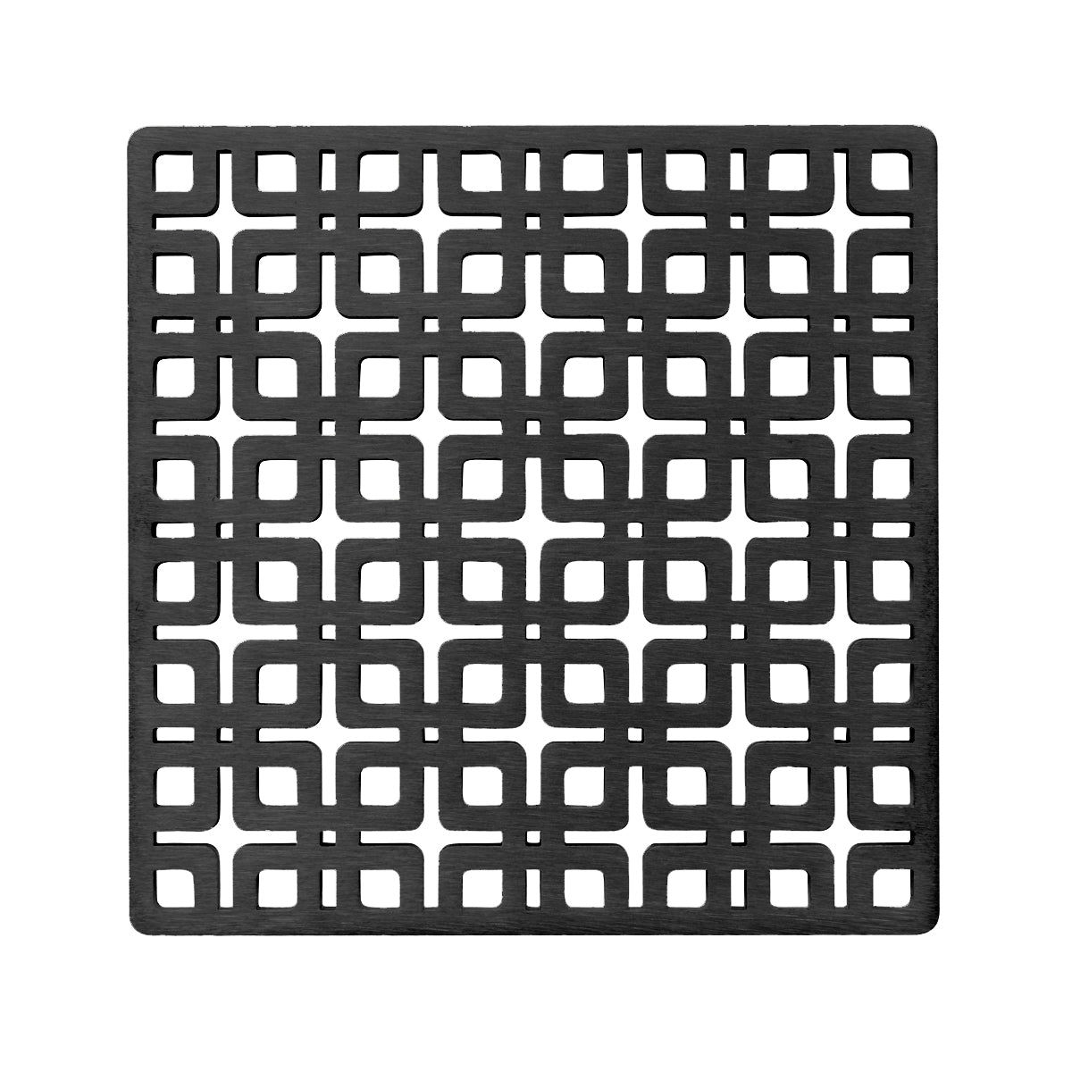 Square matte black decorative drain cover with geometric grid pattern of rounded squares and connecting lines.