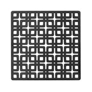 Square matte black decorative drain cover with geometric grid pattern of rounded squares and connecting lines.