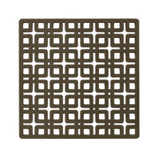 Square oil rubbed bronze drain cover with geometric cutout pattern, 5 x 5 inches.