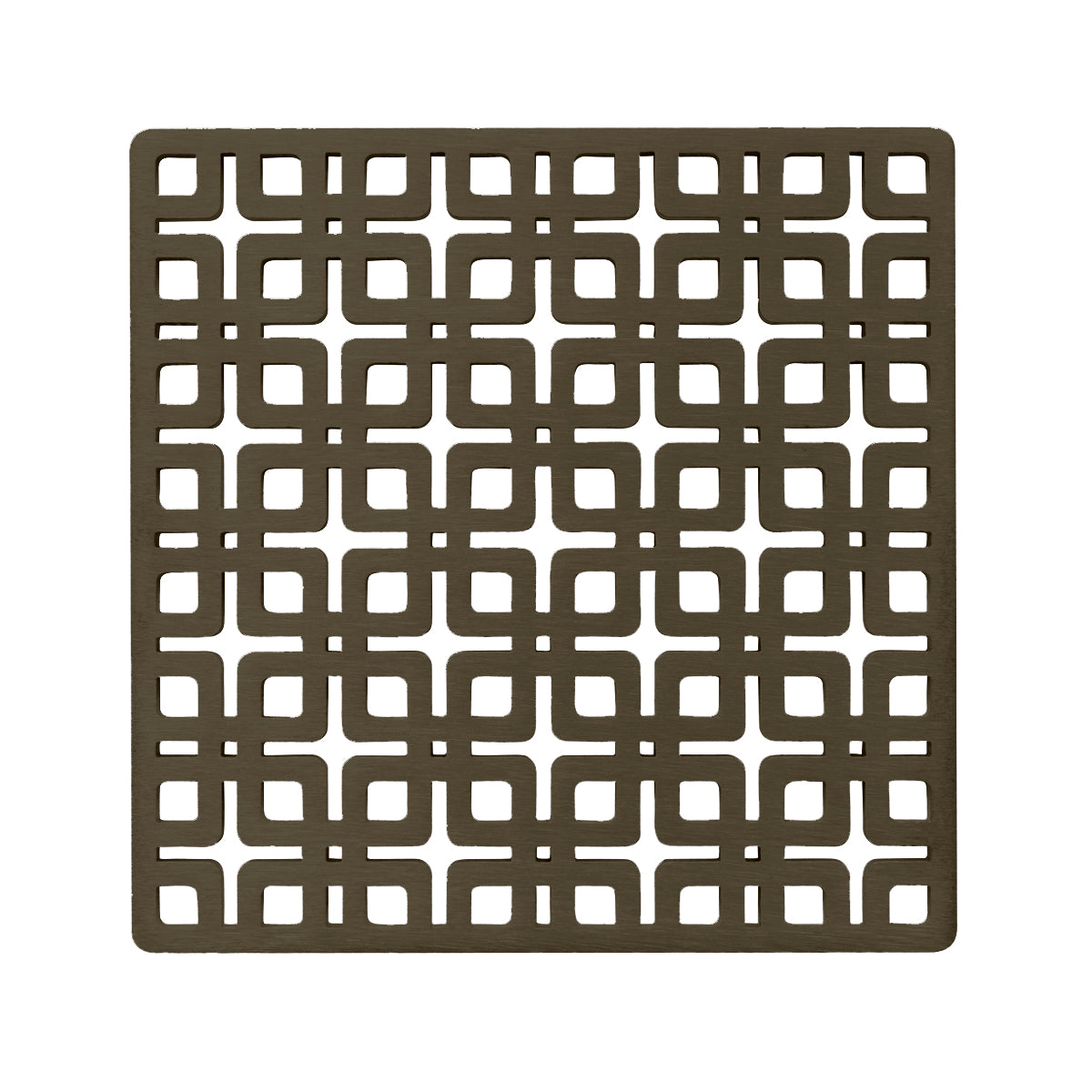 Square oil rubbed bronze drain cover with geometric cutout pattern, 5 x 5 inches.