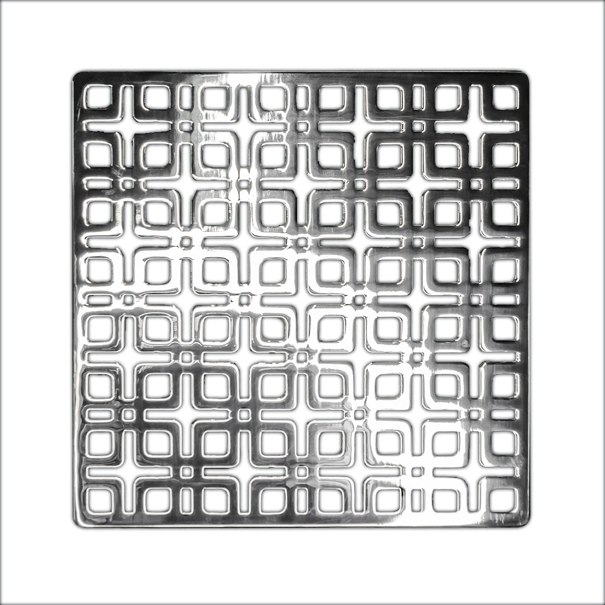 Square polished stainless steel drain cover with geometric interlocking pattern and center drain opening.