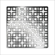 Square polished stainless steel drain cover with geometric interlocking pattern and center drain opening.
