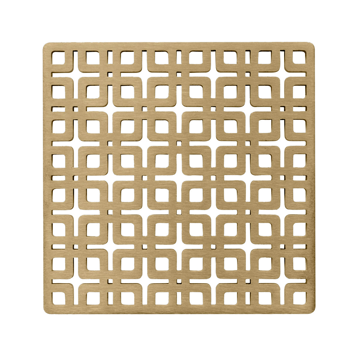Square satin bronze drain cover with geometric interlocking pattern and cutout squares.