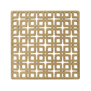 Square satin bronze drain cover with geometric interlocking pattern and cutout squares.