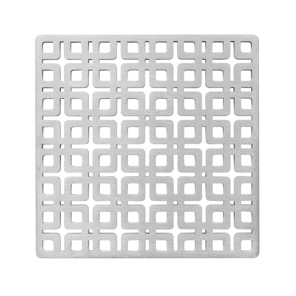 Satin stainless steel square drain cover with geometric interlocking pattern and center opening.