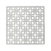 Satin stainless steel square drain cover with geometric interlocking pattern and center opening.