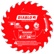 Red Diablo circular saw blade with 24 teeth and gray carbide tips for framing construction.