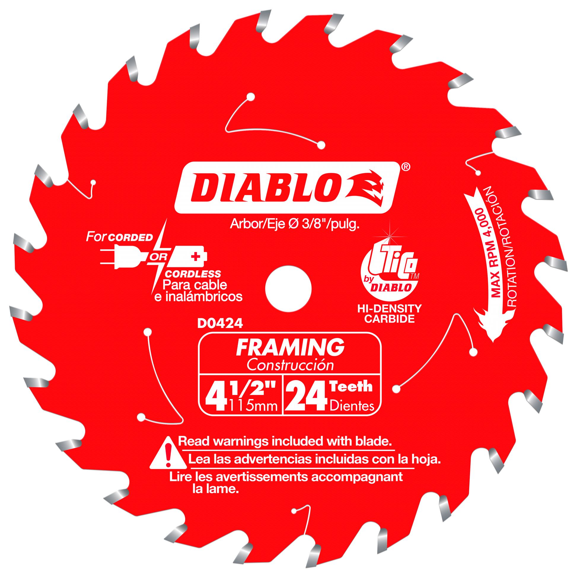 Red Diablo circular saw blade with 24 teeth and gray carbide tips for framing construction.