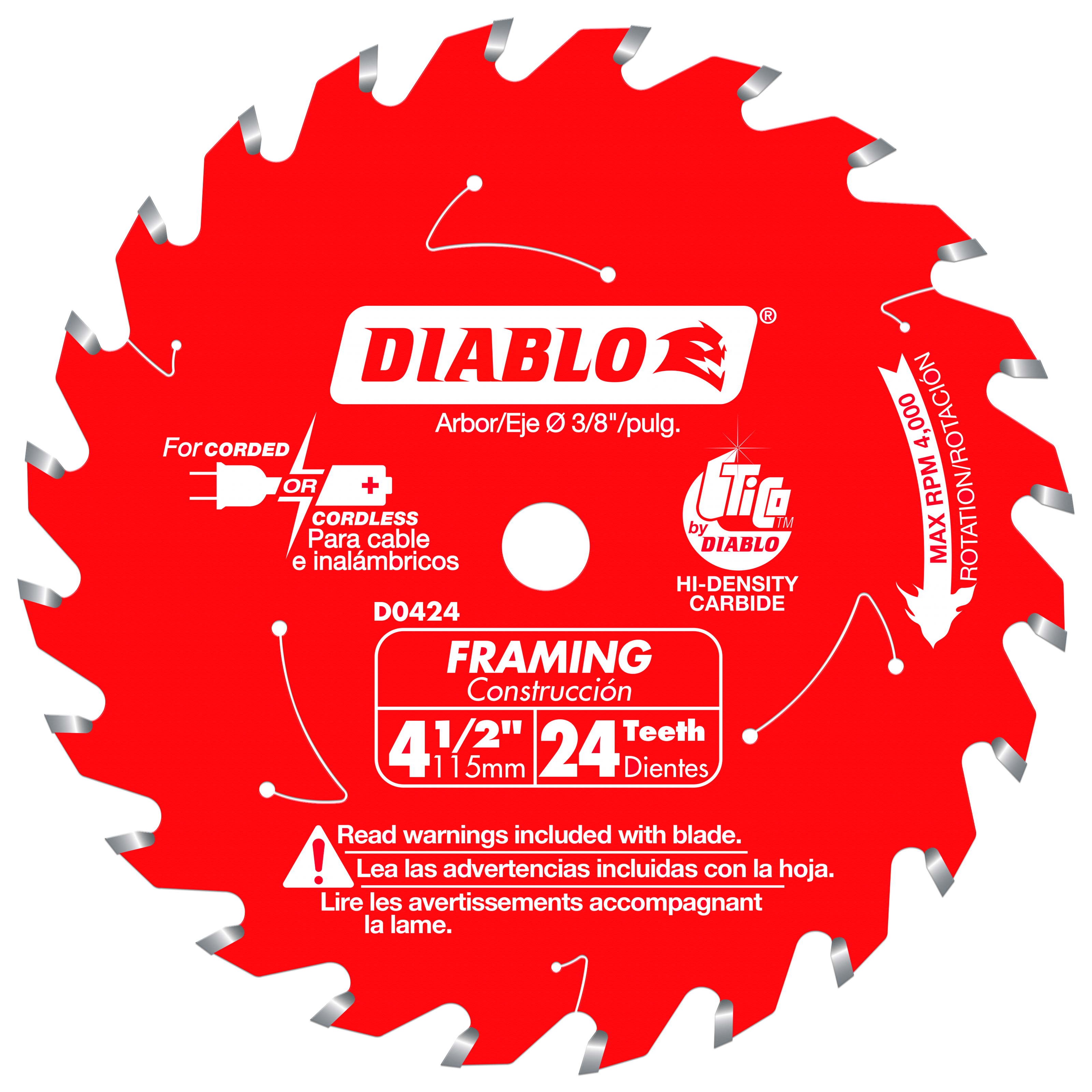 Red Diablo circular saw blade with 24 teeth and gray carbide tips for framing construction.
