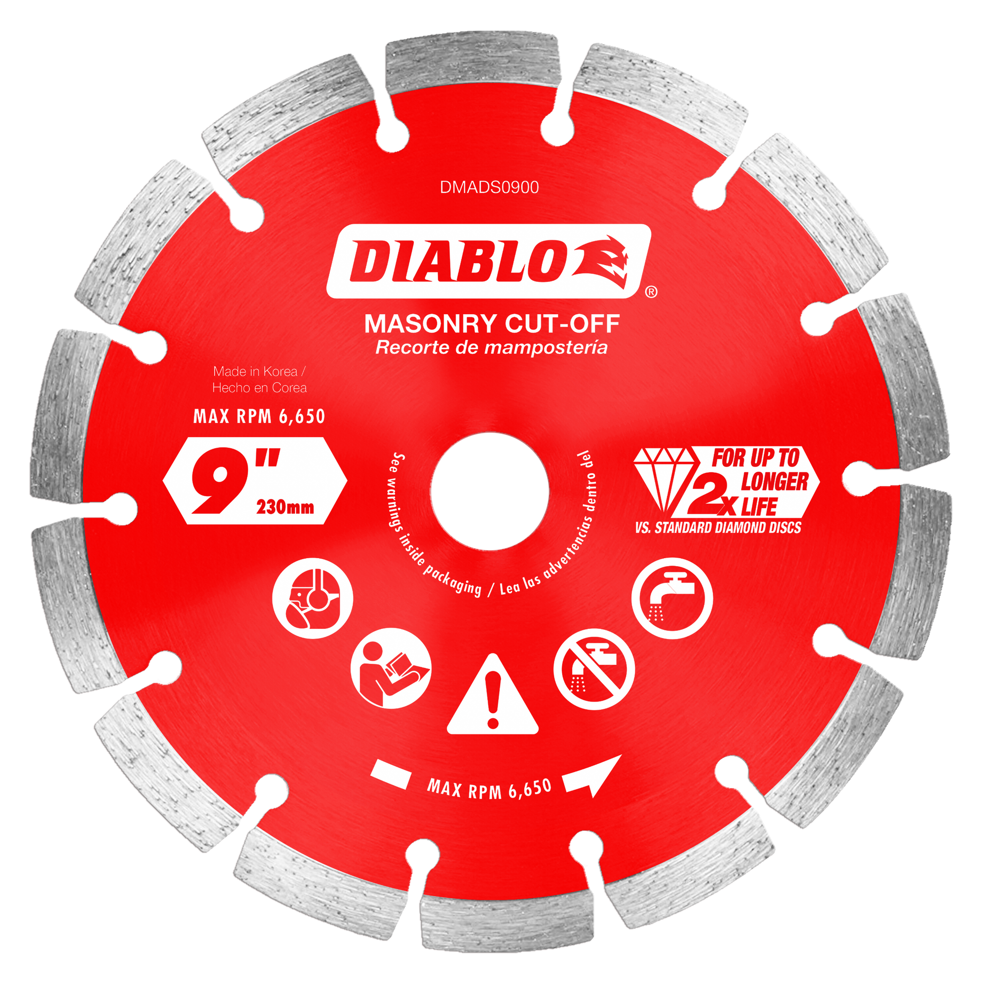 Red circular saw blade with gray diamond segments around the edge and white center hole labeled Diablo masonry cut-off disc.