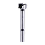Silver and black Forstner bit with cylindrical shaft and flat cutting head with center point and outer rim.