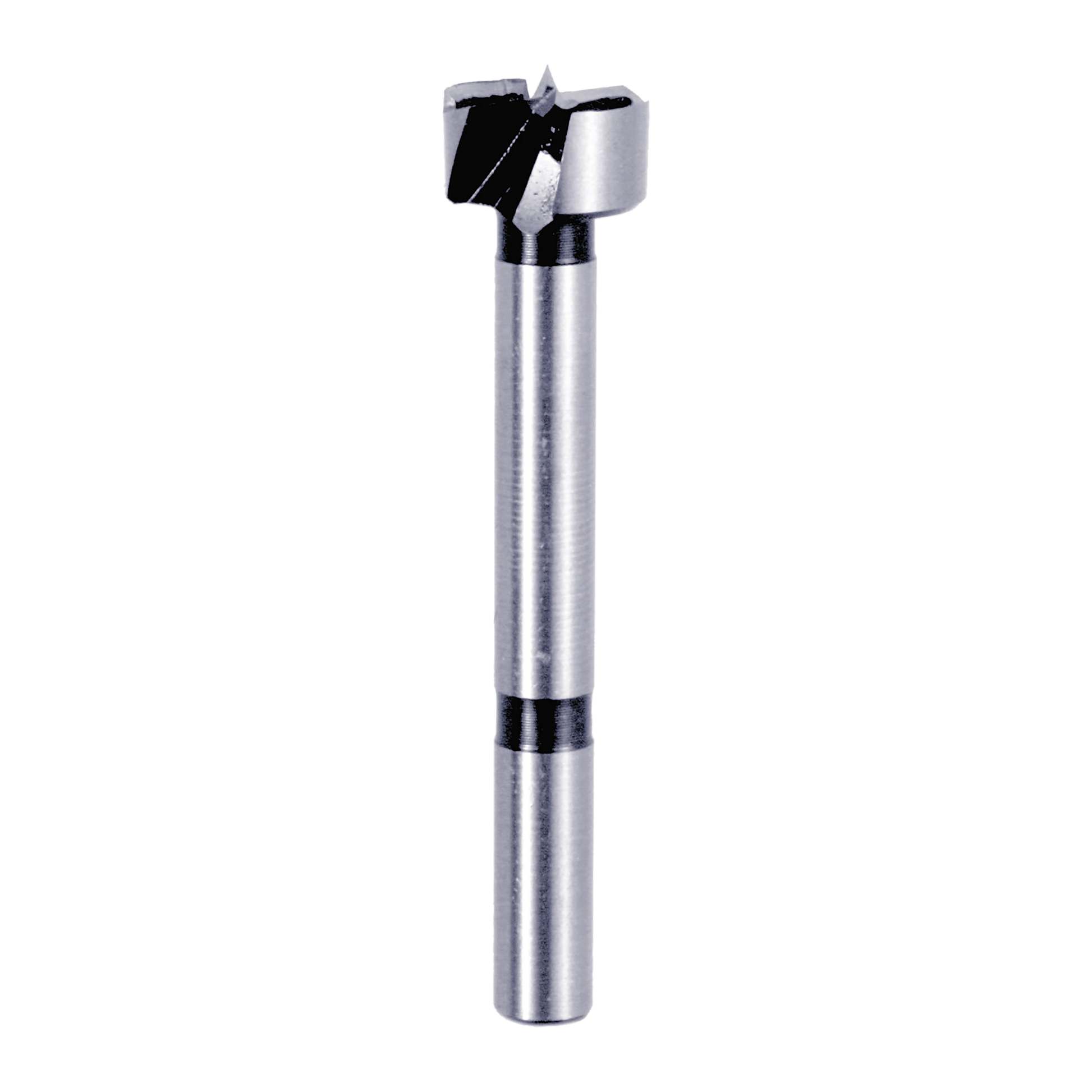 Silver and black Forstner bit with cylindrical shaft and flat cutting head with center point and outer rim.