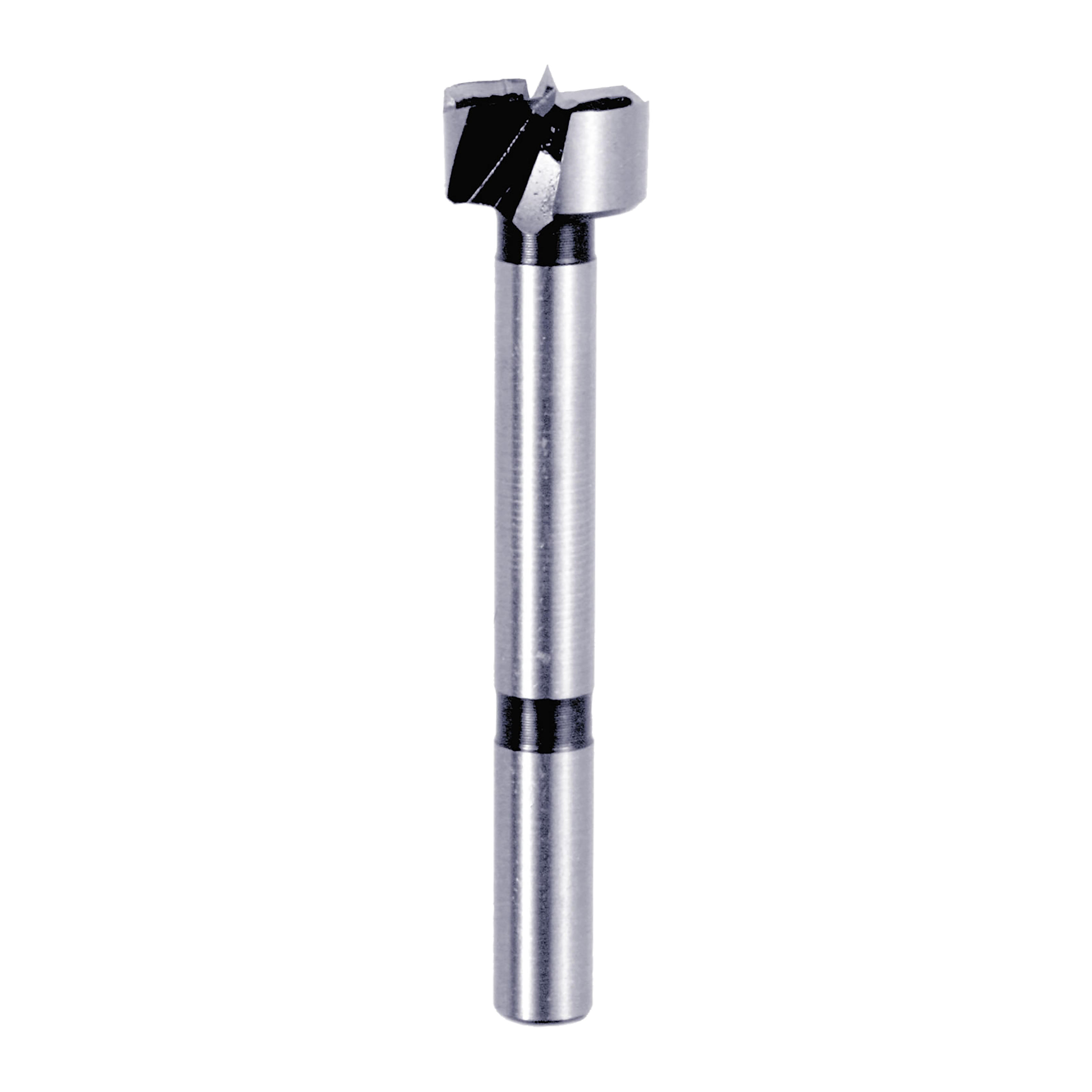 Silver and black Forstner bit with cylindrical shaft and flat cutting head with center point and outer rim.