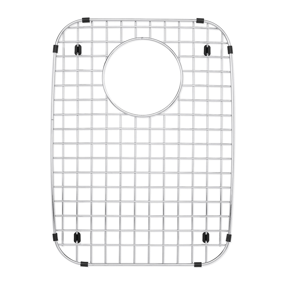Stainless steel sink grid with square grid pattern, circular center opening, and black rubber corner feet.