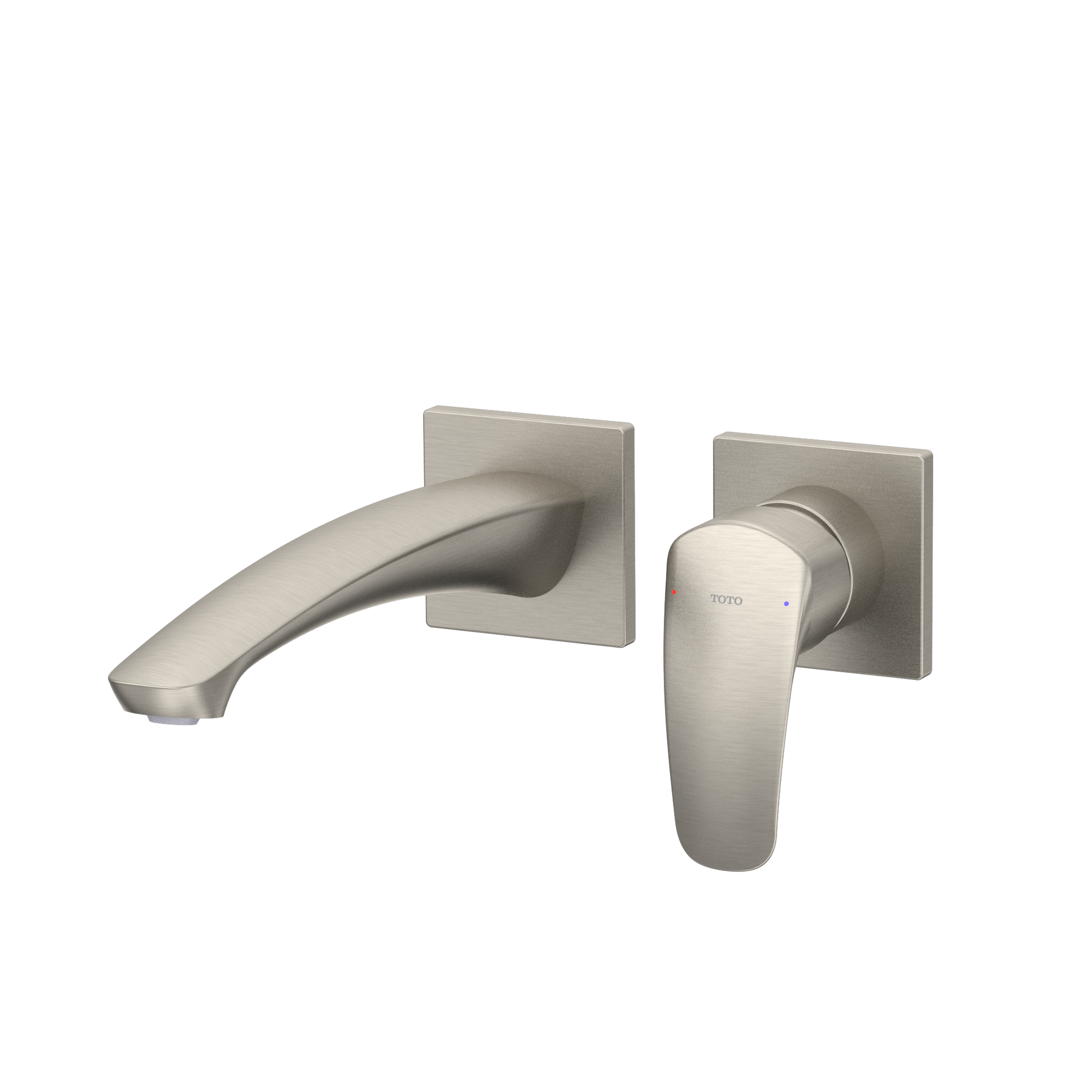 Brushed nickel wall-mount bathroom faucet with single lever handle and curved spout.