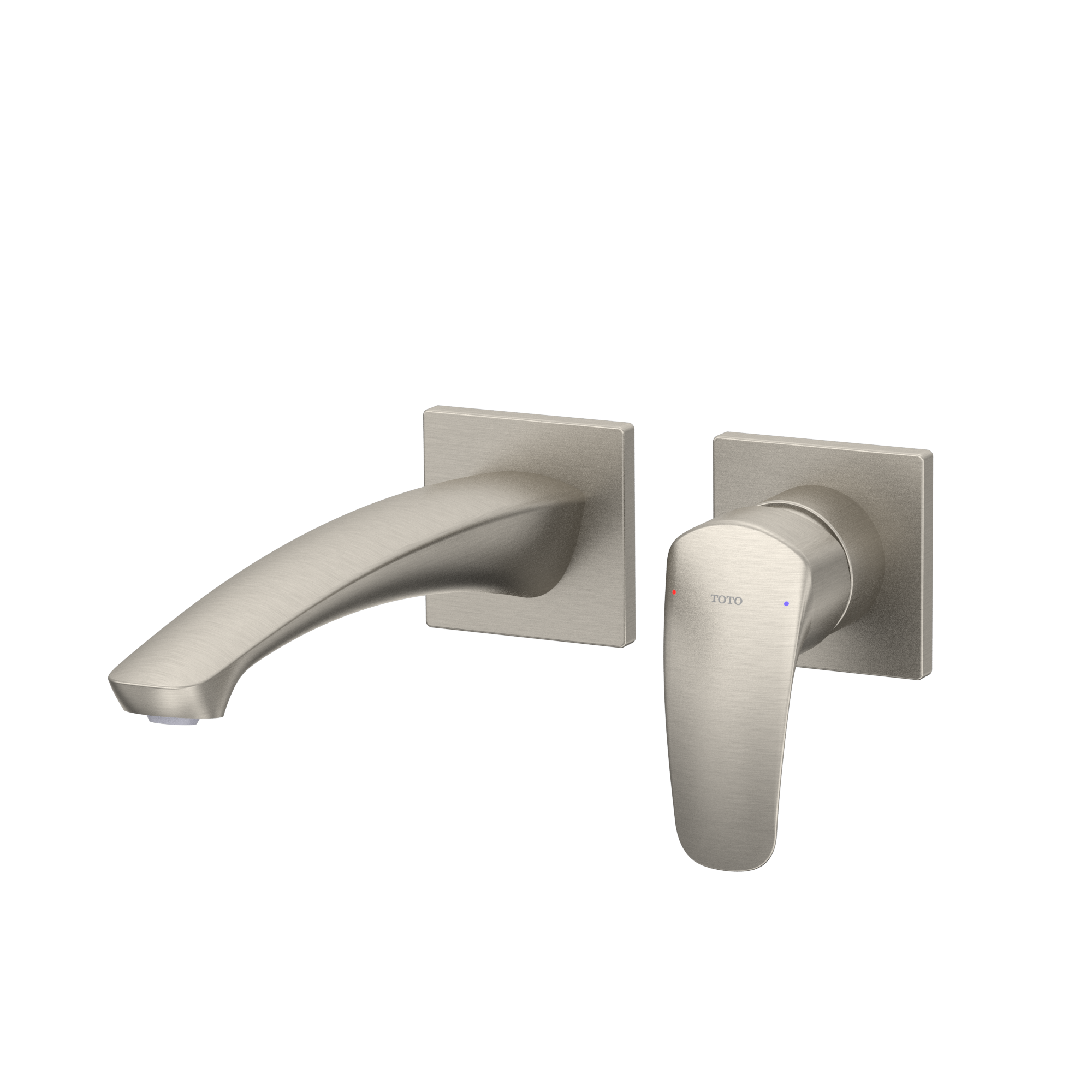 Brushed nickel wall-mount bathroom faucet with single lever handle and curved spout.