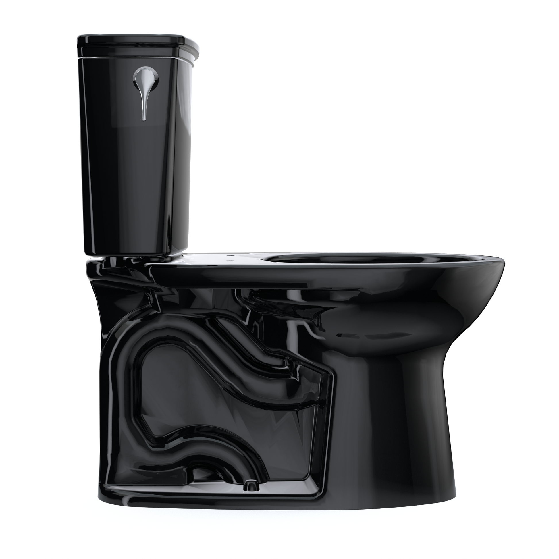 Ebony two-piece elongated toilet with separate tank and bowl, chrome flush lever visible on tank.
