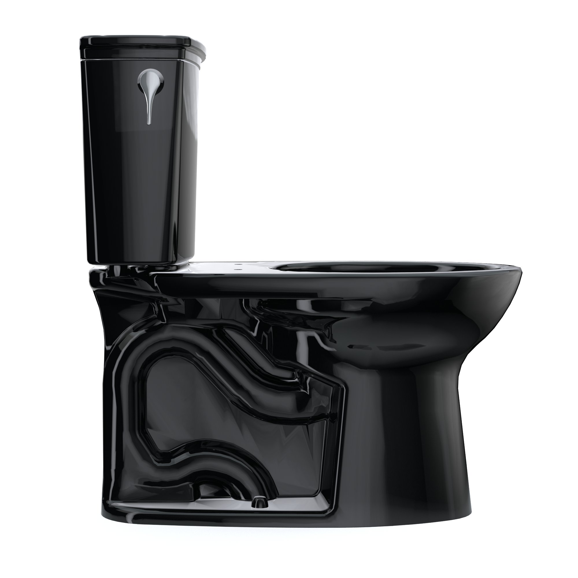 Ebony two-piece elongated toilet with separate tank and bowl, chrome flush lever visible on tank.