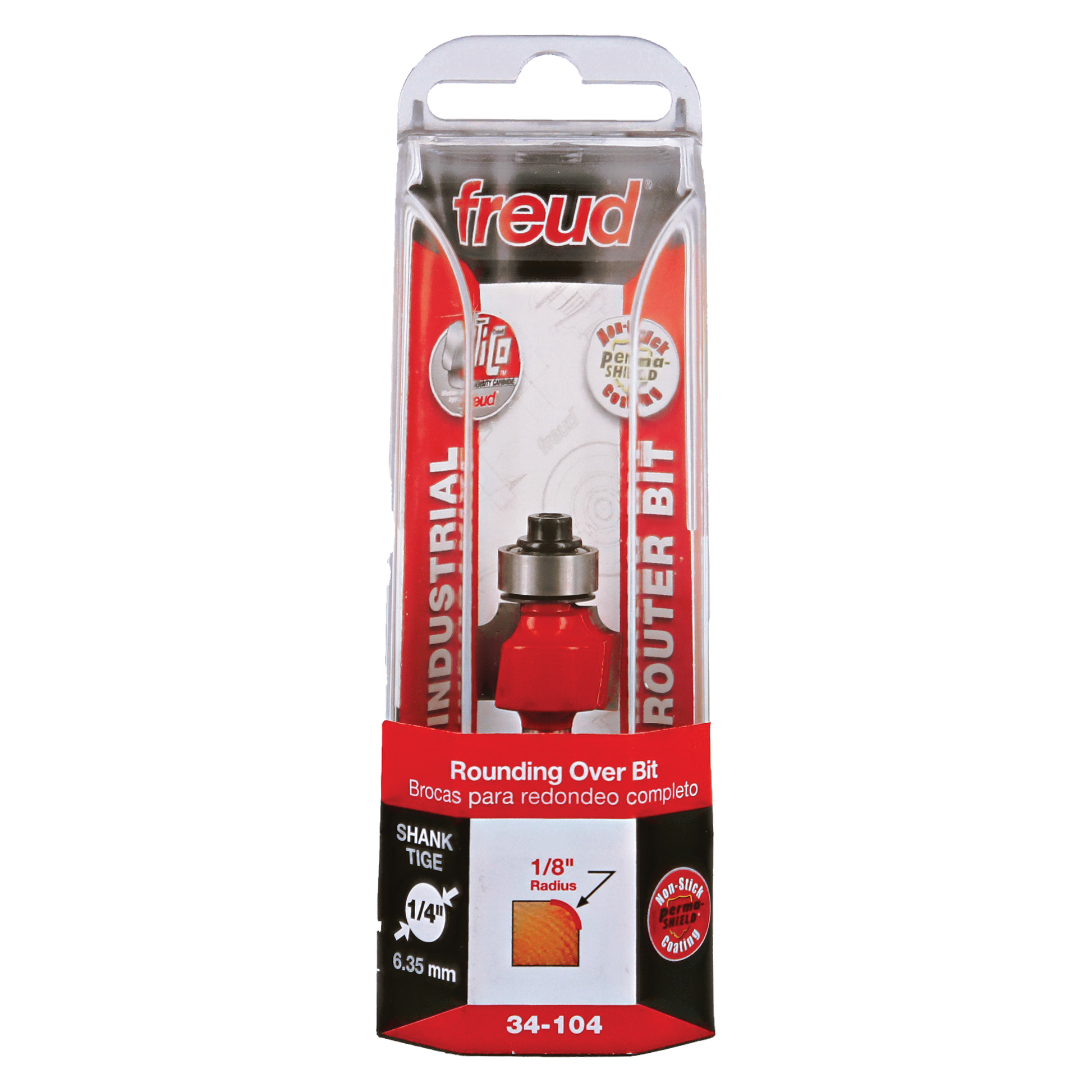 Freud 34-104 rounding over bit with 1/8" radius in red packaging showing 1/4" shank size.
