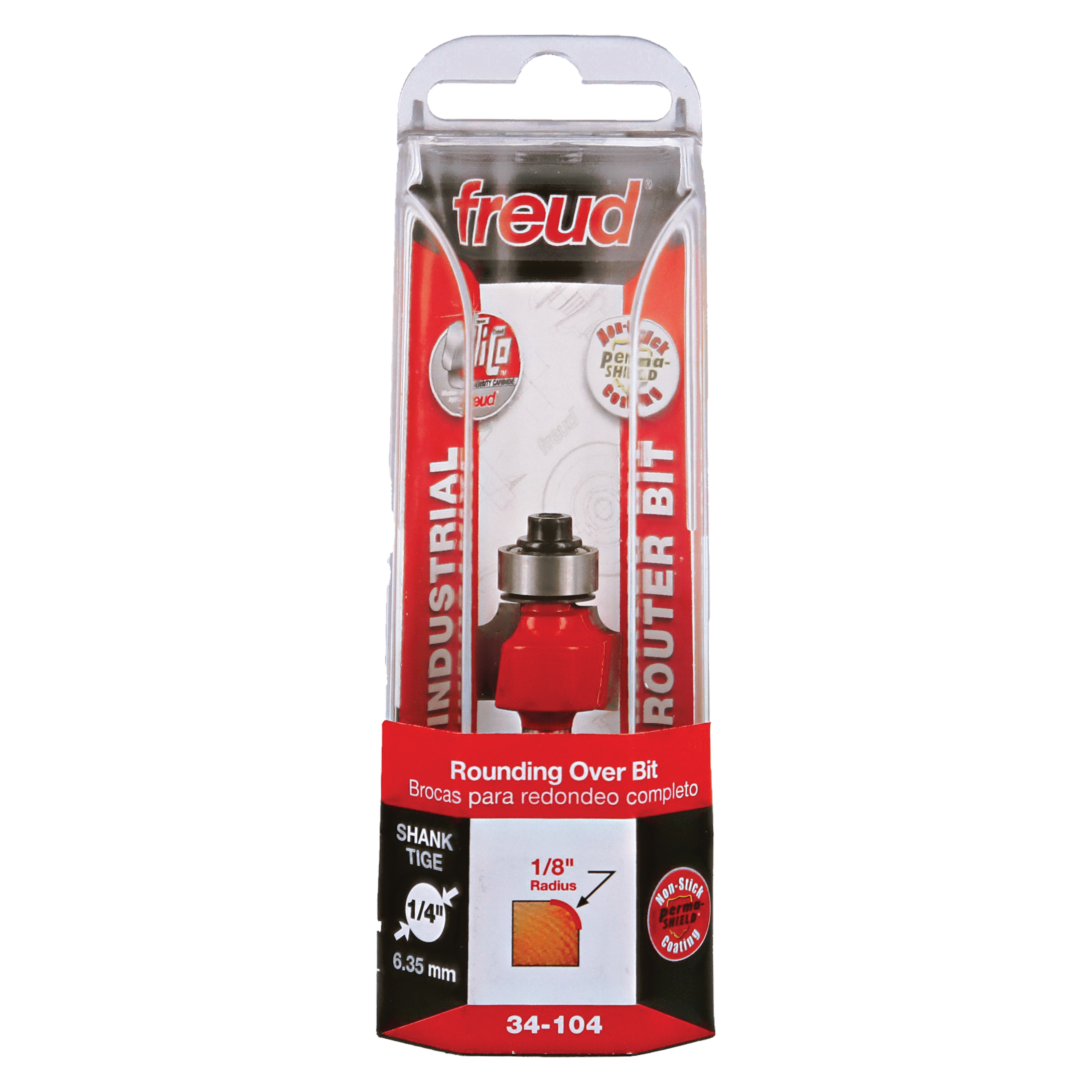 Freud 34-104 rounding over bit with 1/8" radius in red packaging showing 1/4" shank size.