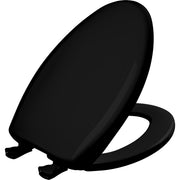 Black elongated plastic toilet seat with hinges and fastening hardware visible.