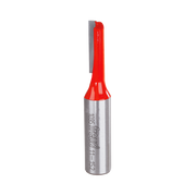 Silver and red router bit with single straight flute and cylindrical shank marked with Freud branding.