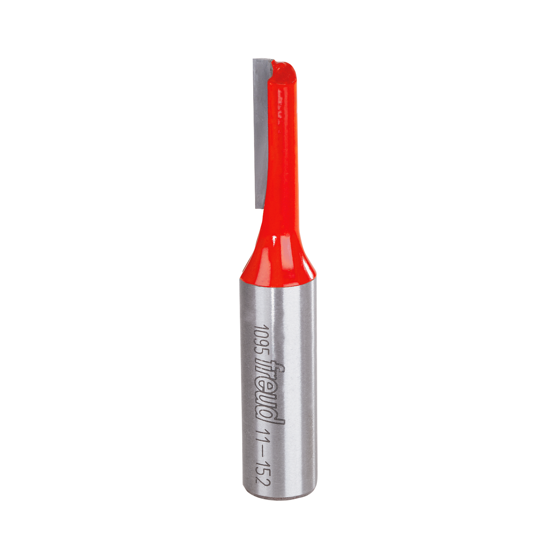 Silver and red router bit with single straight flute and cylindrical shank marked with Freud branding.
