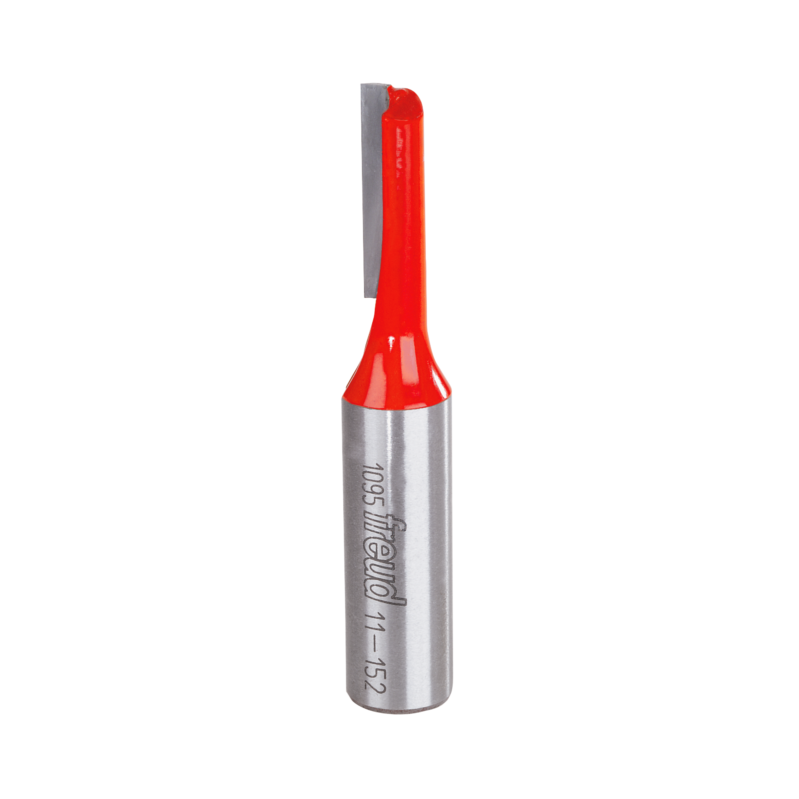 Silver and red router bit with single straight flute and cylindrical shank marked with Freud branding.