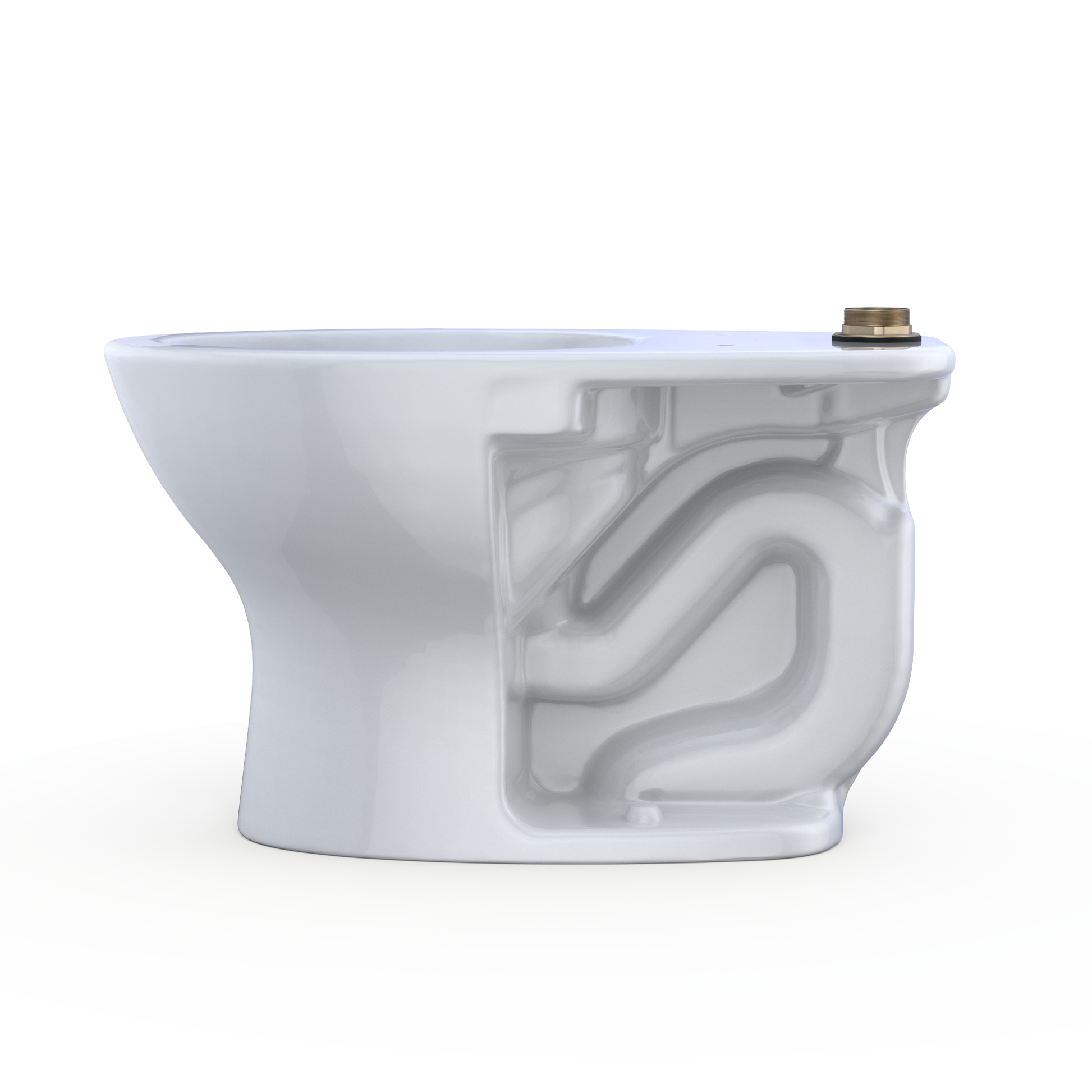 White elongated toilet bowl with flushometer mounting port and tornado flush interior design visible.