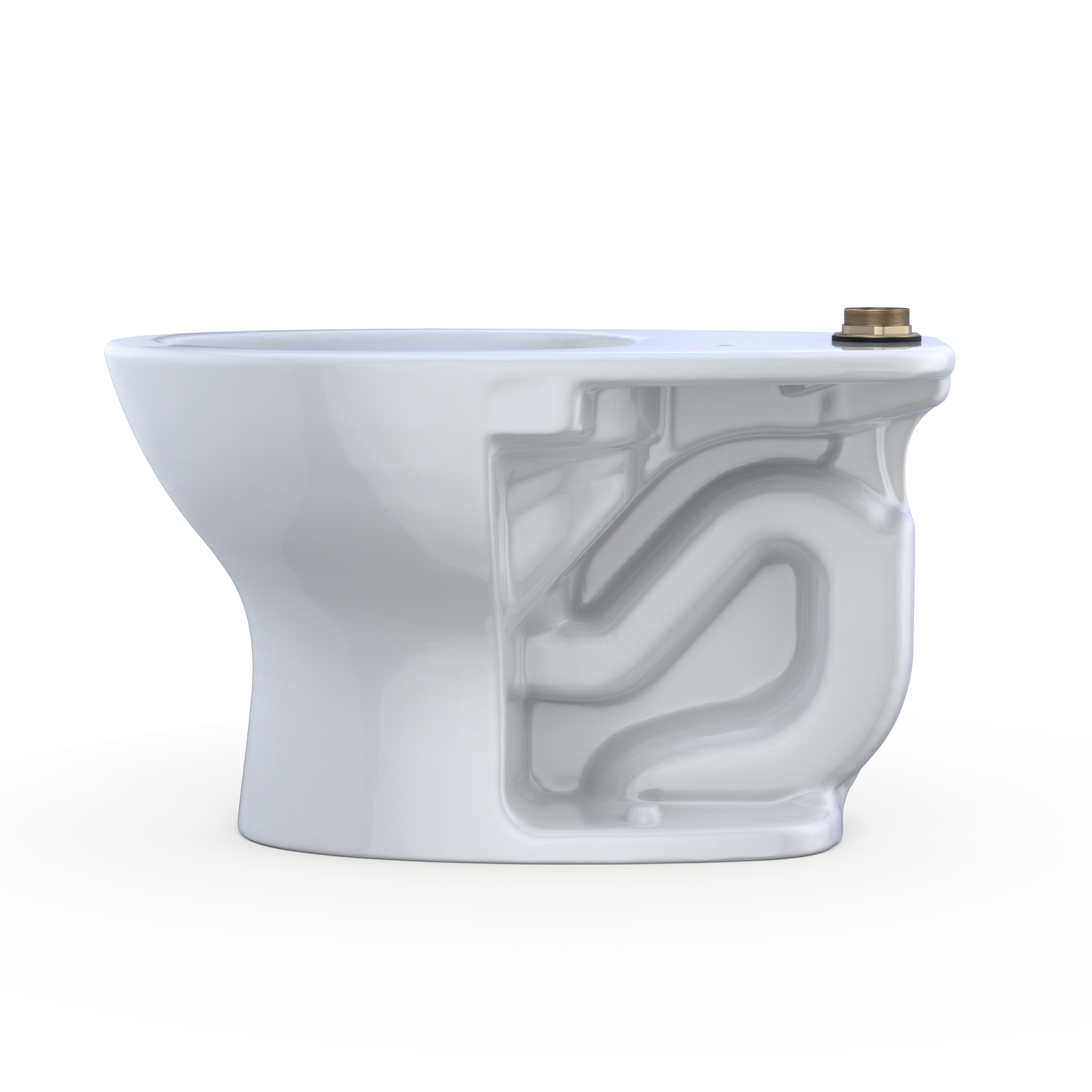 White elongated toilet bowl with flushometer mounting port and tornado flush interior design visible.