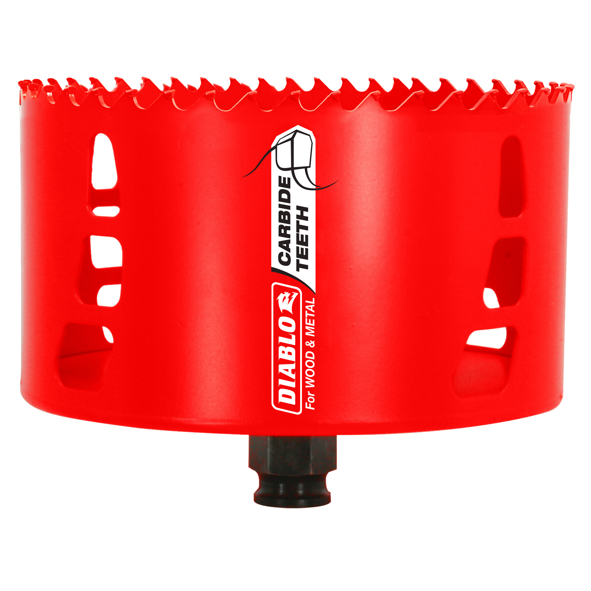 Red Diablo hole saw with carbide teeth, black base, and ventilation slots on cylindrical body.
